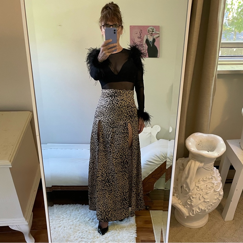 BLACK BROWN LEOPARD PRINT MAXI SKIRT BIGH WAIST ZIPPER DOUBLE SLIT FRONT PANEL - Picture 11 of 11
